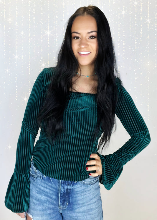 Velvet Green Flare Sleeve Top