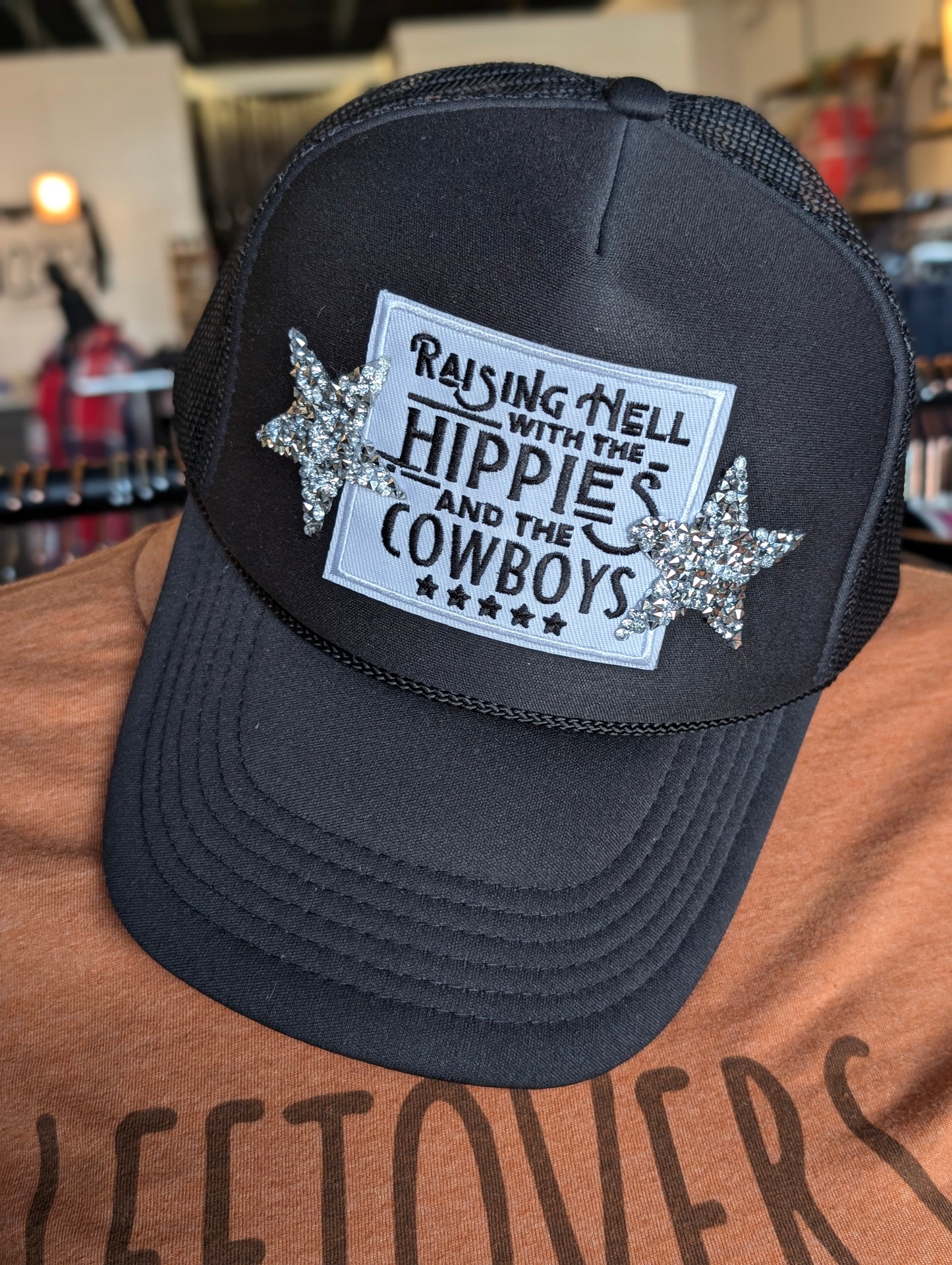 Raising Hell with the Hippies & Cowboys Trucker hat- Custom Made