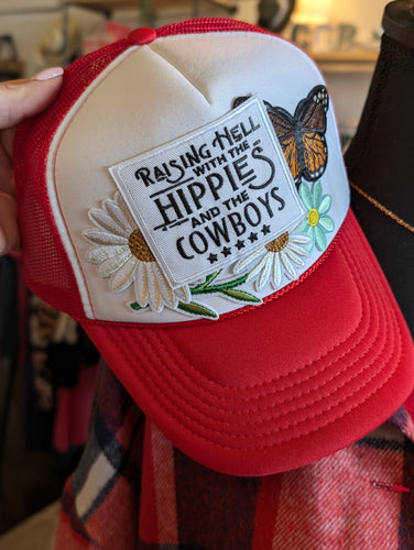 Raising Hell with the hippies Sunflower Trucker Hat Custom Patches