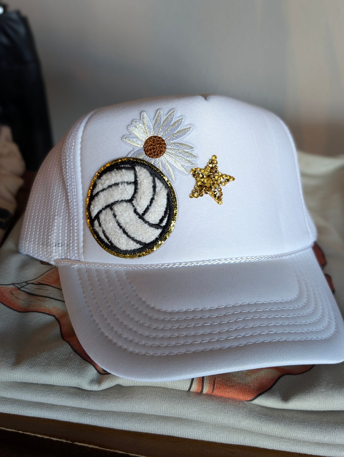 White Volleyball Trucker Hat Custom Patches