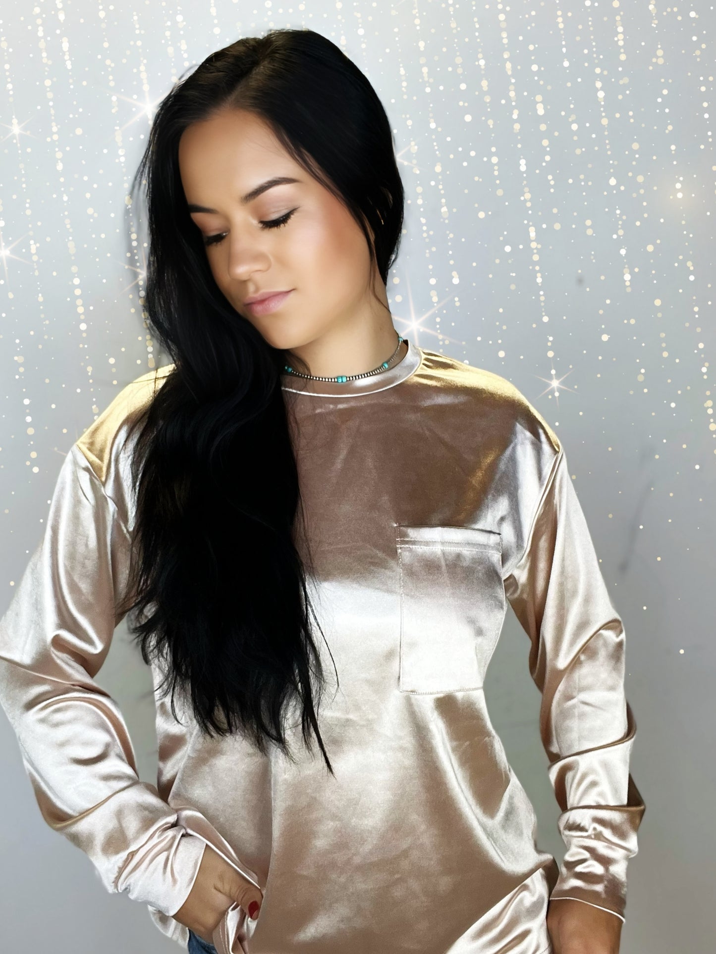 Apricot Glitter Chest Pocket Round Neck Long Sleeve Top