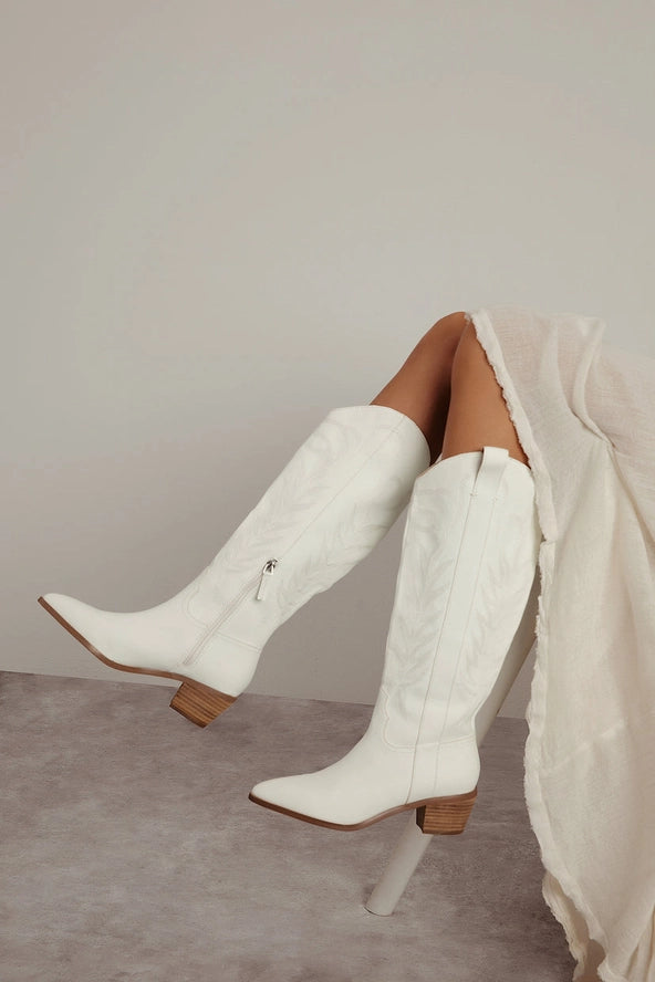 White High Western Embroidery Block Heel Boots