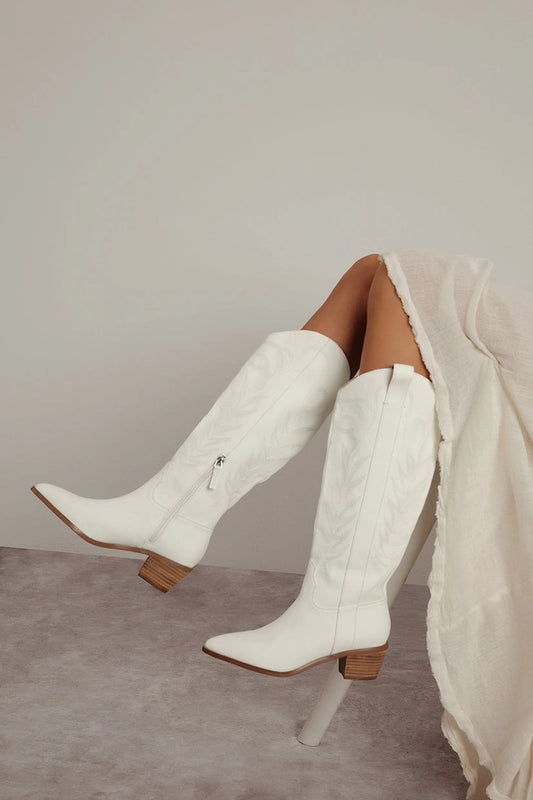 White High Western Embroidery Block Heel Boots