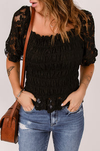 Black Floral Lace Crochet Ruffled Shirred Square Neck Top