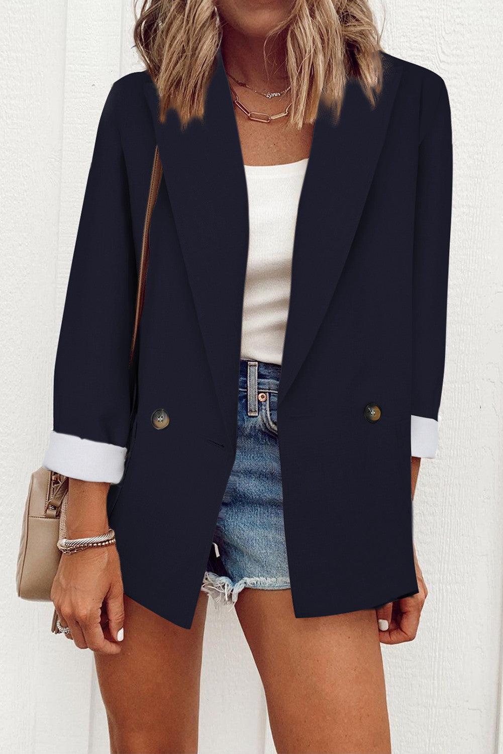 Navy Buttoned Lapel Collar Blazer with Pocket