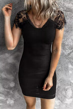 Load image into Gallery viewer, Black Lace Sleeve Ribbed Bodycon Dress