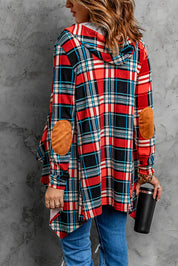 Suede Elbow Patch Hooded Plaid Cardigan