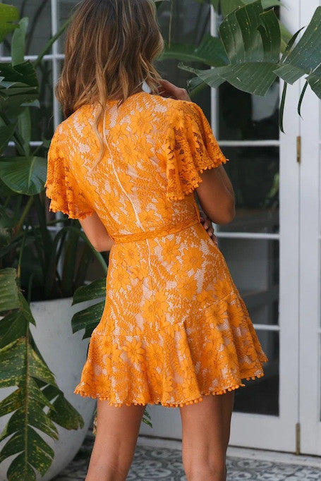 Orange Flutter Sleeve Wrap V Neck Floral Lace Short Dress