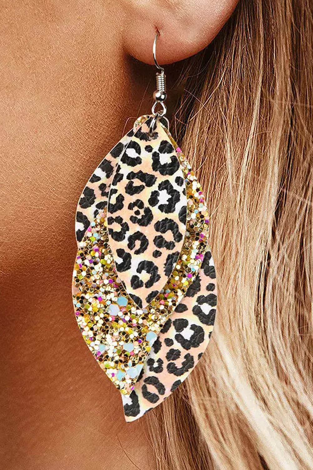 Leopard Sequin Print PU Leather Drop Earrings