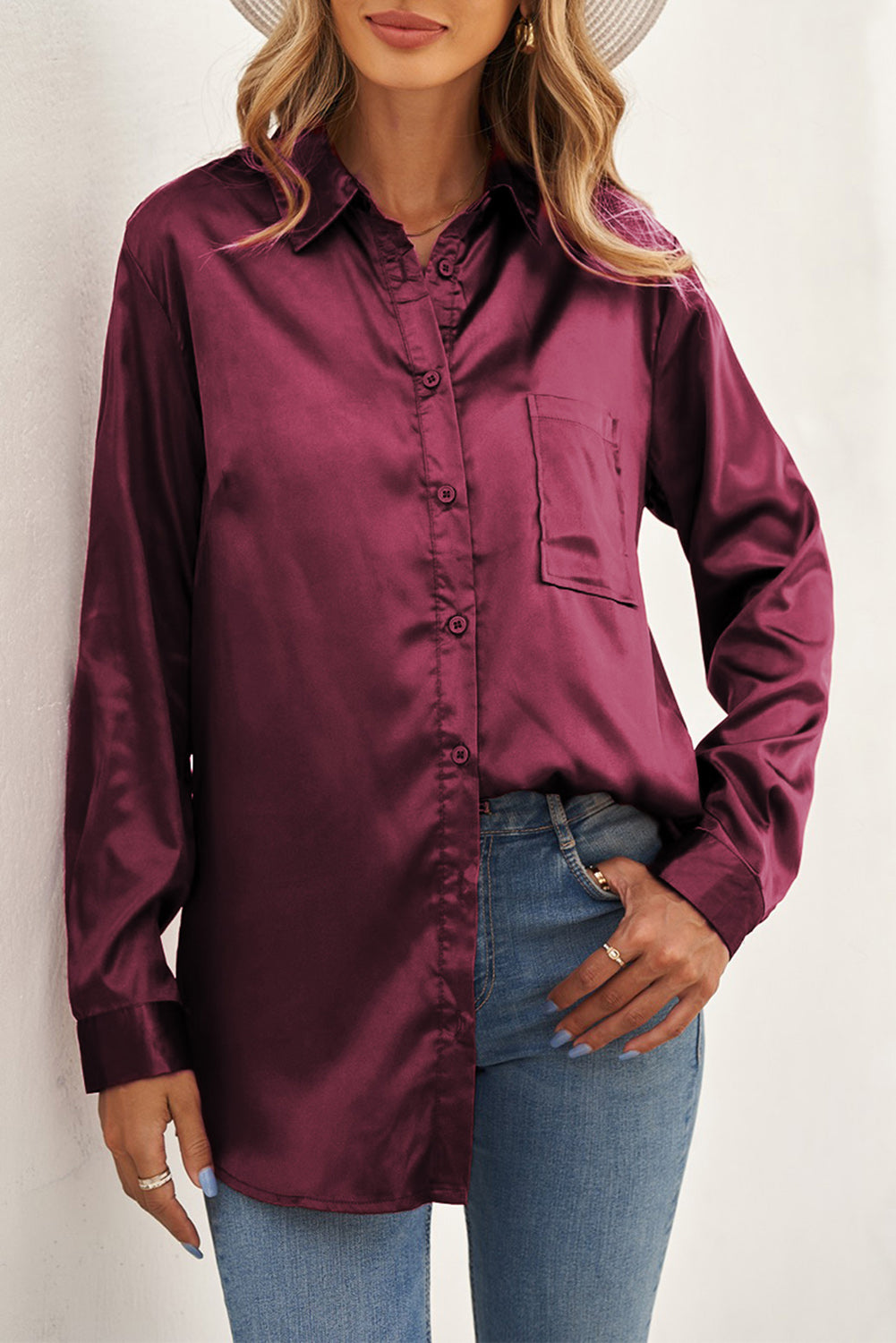 Wine Satin Button Shirt with Pocket