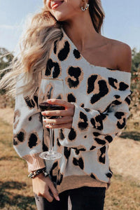 White V-neck Leopard Print Puff Sleeve Sweater