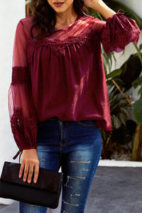 110. Red Fashion Lantern-Sleeve Lace Patchwork Top