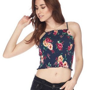 FLORAL SMOCK CROP TOP NAVY