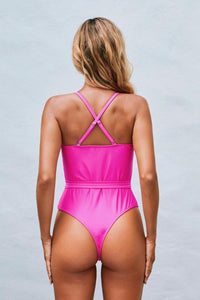 153. Rose Scoop Neck High Cut One-piece Swimsuit with Sash