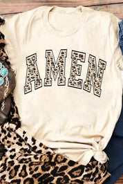 Khaki AMEN Leopard Print Short Sleeve Graphic T Shirt