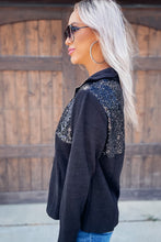 Load image into Gallery viewer, Black Half Zip Sequin Patchwork Ribbed Pullover Sweatshirt