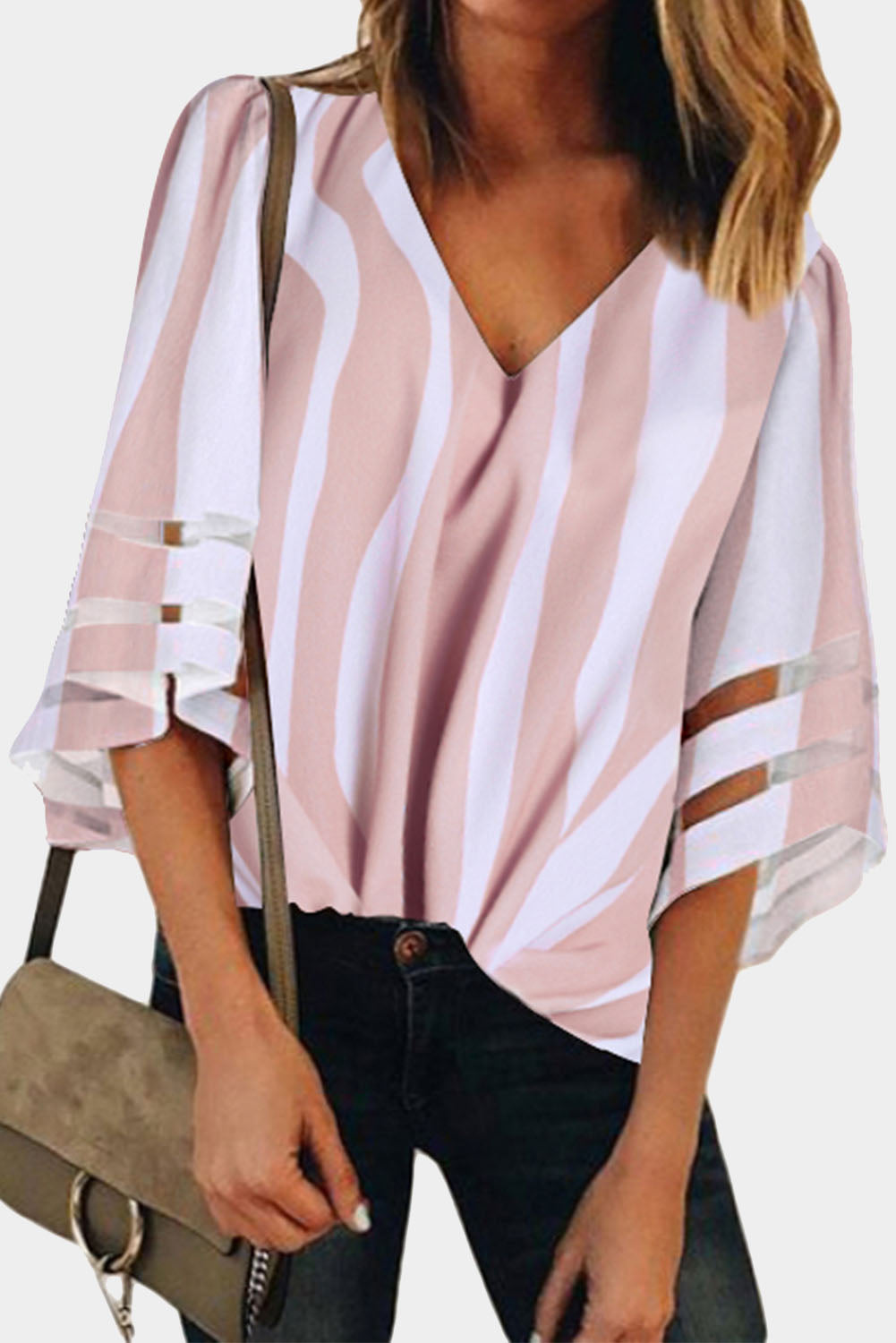 Pink 3/4 Bell Sleeve V Neck Lace Patchwork Shirt