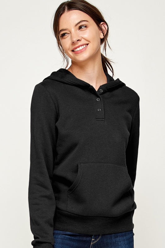 black BASIC FLEECE PULLOVER WITH HENLEY SNAP BUTTON reflex