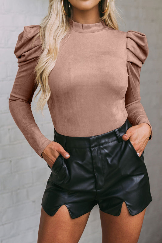 Pink Puff Sleeve Suede Bodysuit