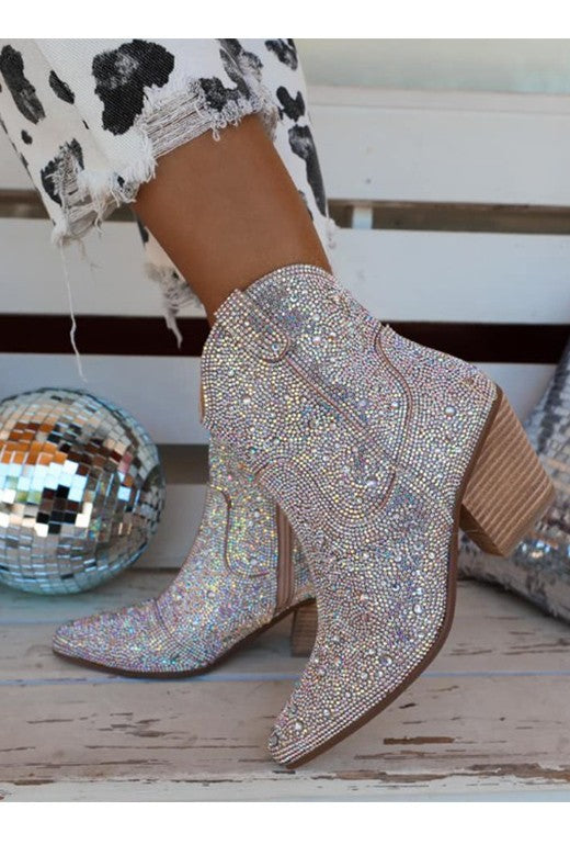 Silver Rhinestone Cowboy Bootie