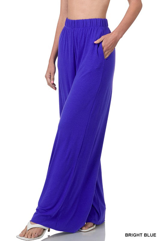 BLUE ZENANA WIDE LEG PANTS WITH POCKETS