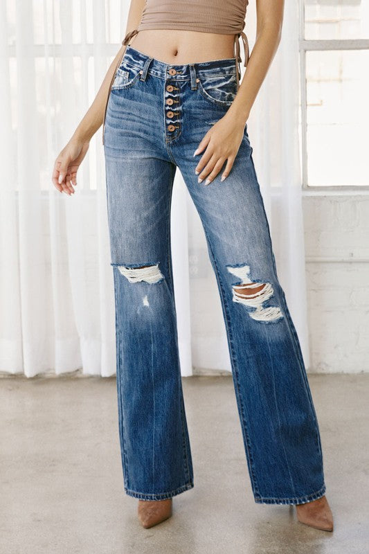 Kancan High Rise Button Fly Flare Jean
