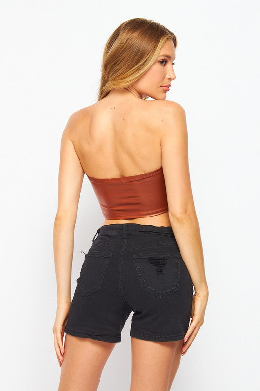 Solid Faux Leather Fitted Strapless Cropped Top