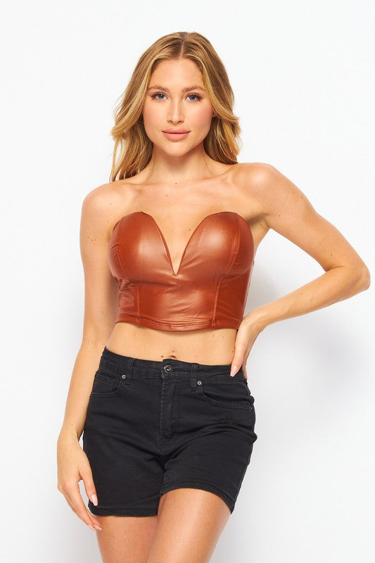 Solid Faux Leather Fitted Strapless Cropped Top