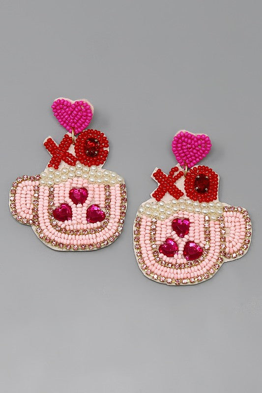 Valentine's XO Heart Mug Seed Bead Earrings