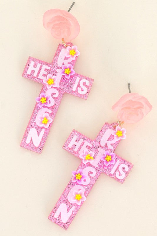 HE IS RISEN GLITTER ACRYLIC CROSS EARRINGS