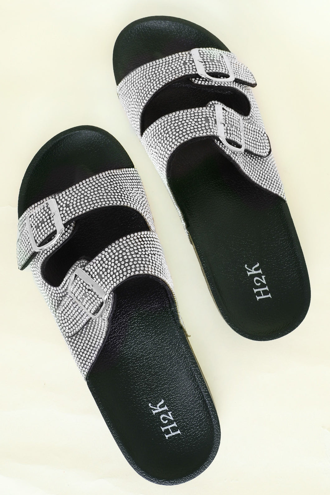 Black and Rhinestone Slip on Sandals