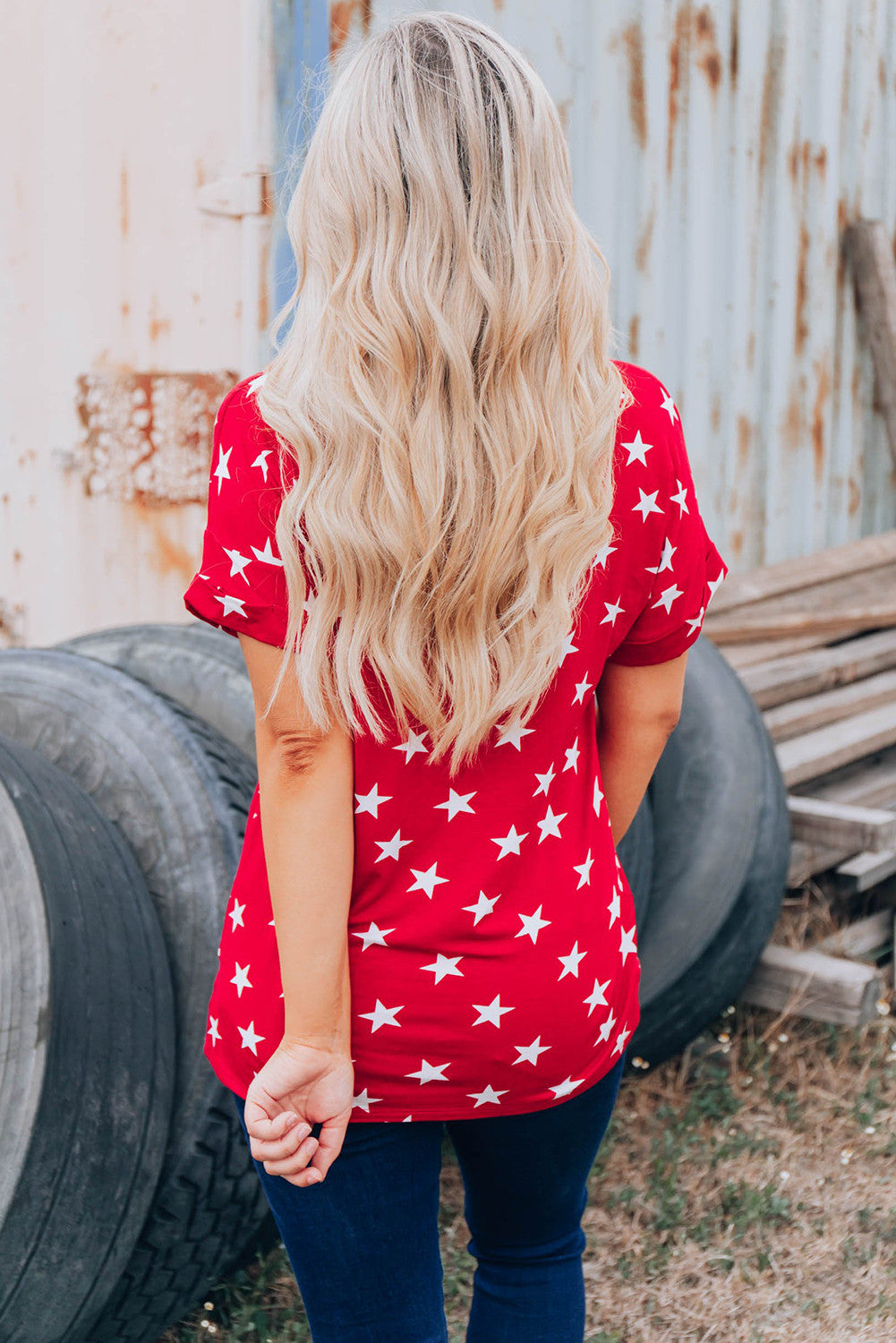 USA Star Print Patch Pocket Red T-shirt