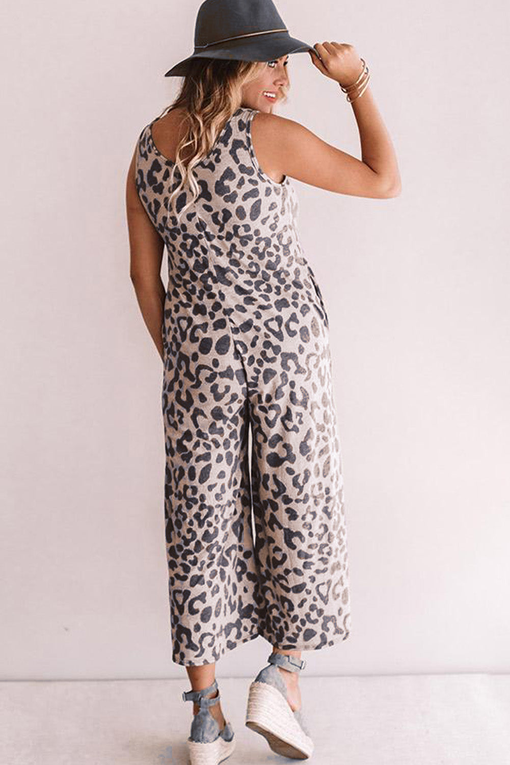 Leopard Leopard Print Pockets Wide Leg Sleeveless Jumpsuit