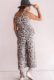 Leopard Leopard Print Pockets Wide Leg Sleeveless Jumpsuit
