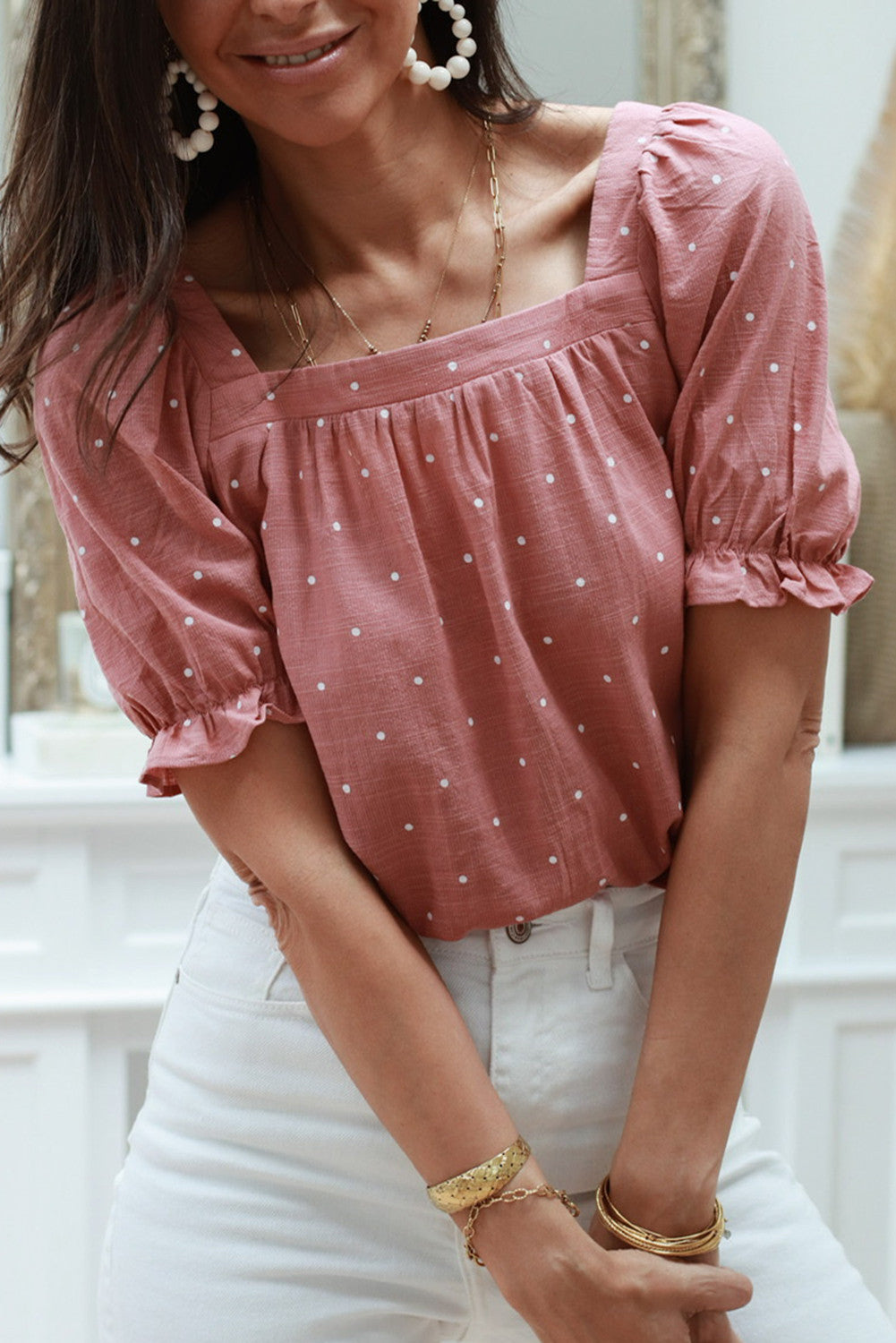 Pink Square Neck Dotted Print Puff Sleeve Blouse with Tie Back