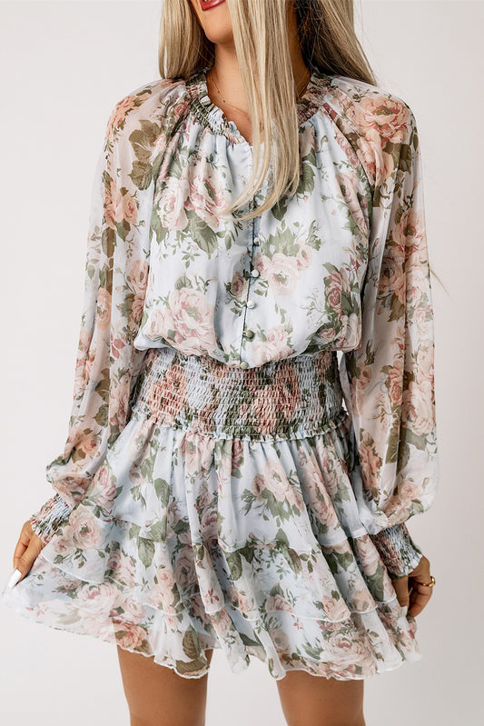 Green Floral Print Tiered Ruffled Shirred High Waist Mini Dress