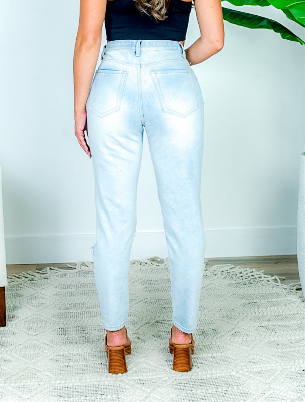 Light Blue Relaxed Fit High Waist Distressed Denim "Mom Jeans"