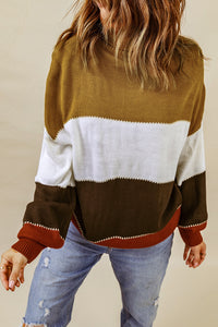 Orange Accent Color Block Turtleneck Chunky Knit Sweater