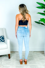 Load image into Gallery viewer, Denim Skinny Jeans with Distressing at Knee and Frayed Ankle in Light Blue