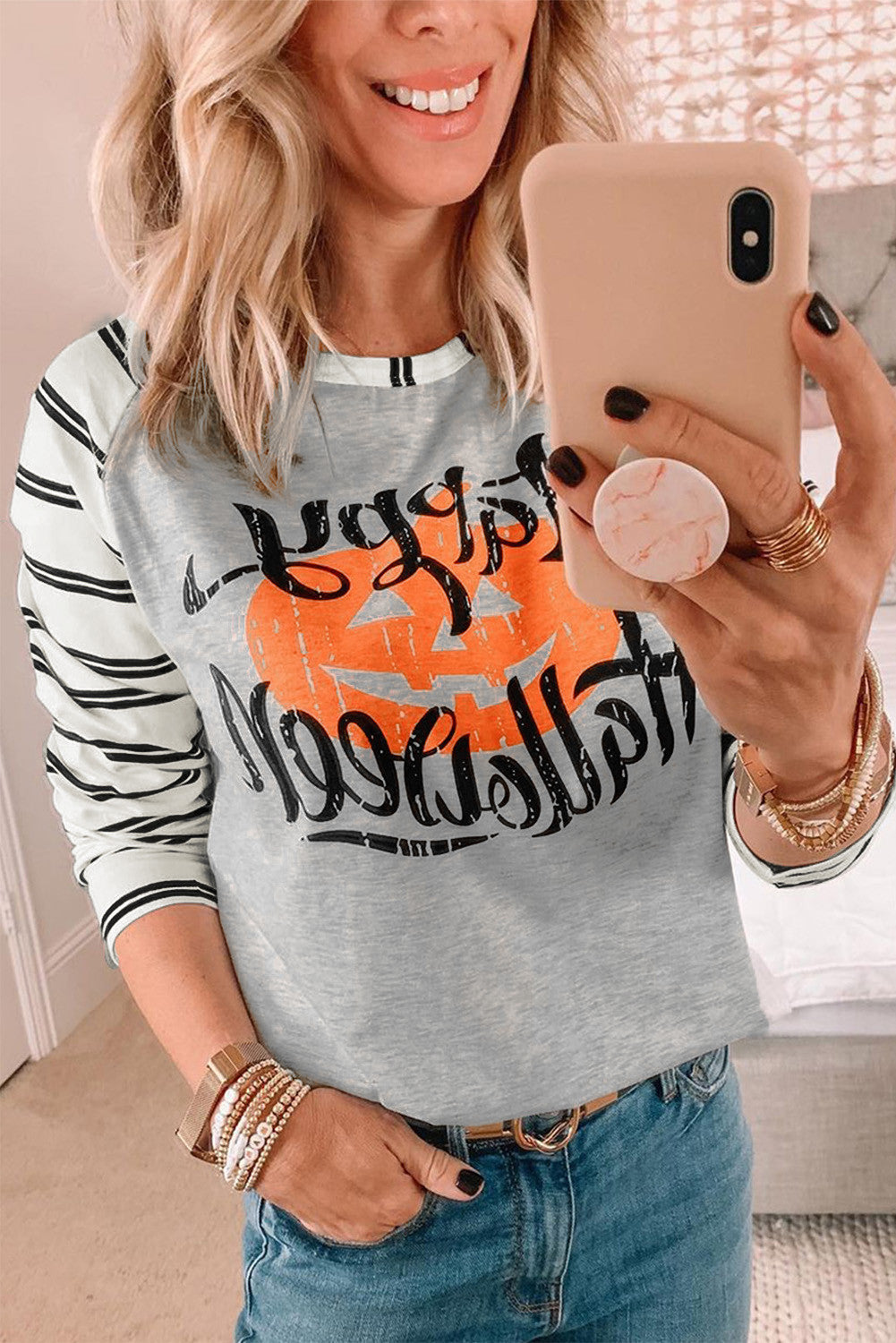 Striped Pumpkin Print Halloween Long Sleeve Blouse