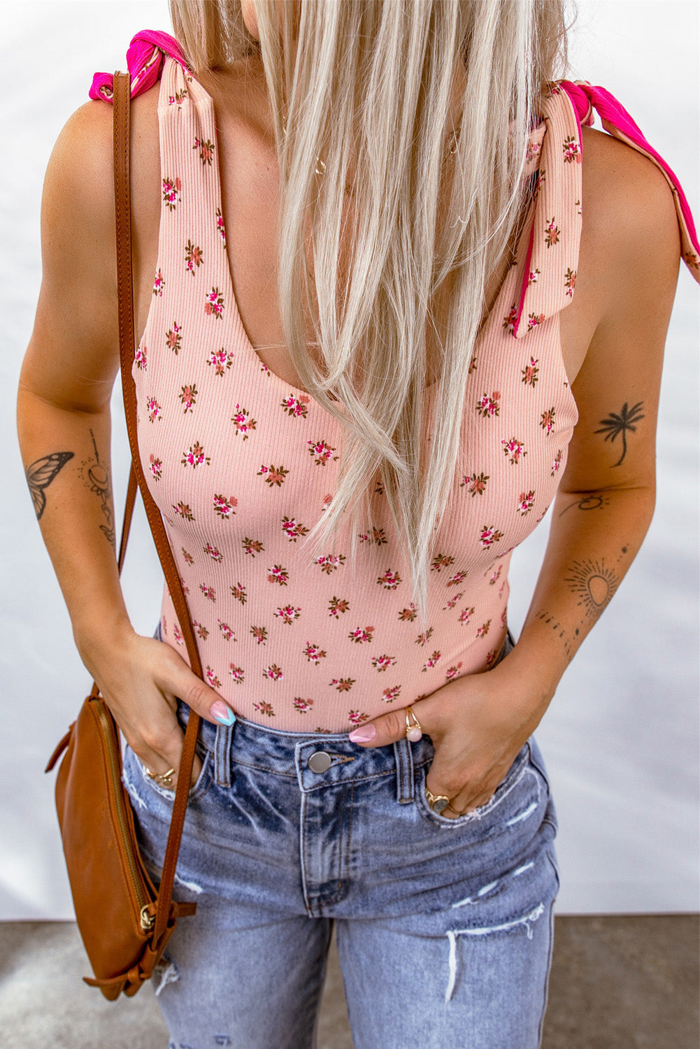 Pink Floral Print Knotted U Neck Sleeveless Bodysuit