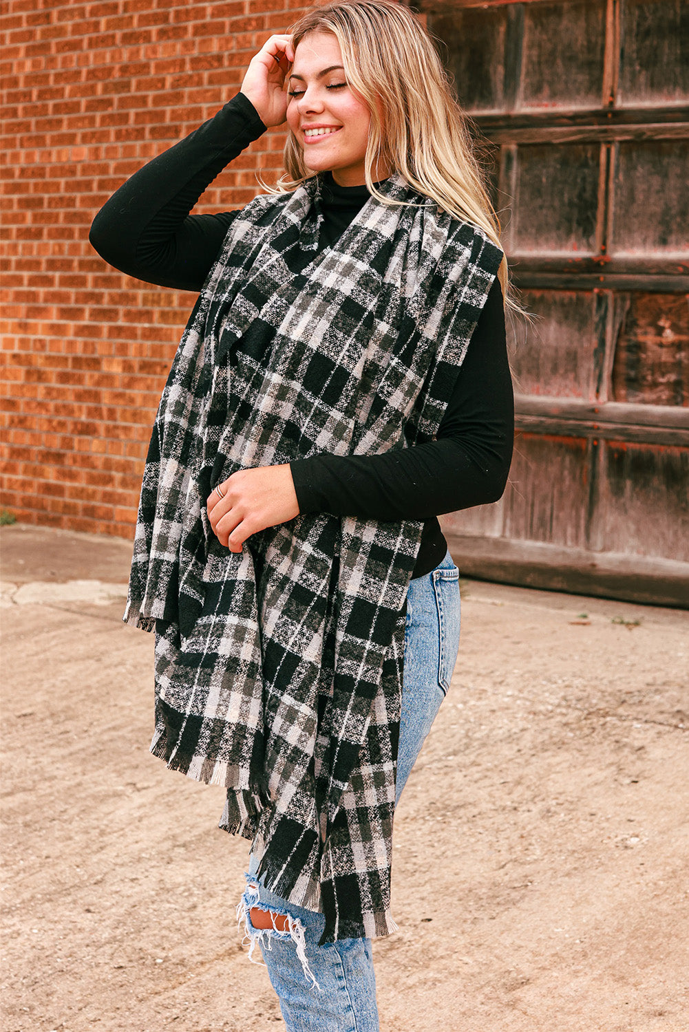 Black Winter Thick Large Plaid Scarf