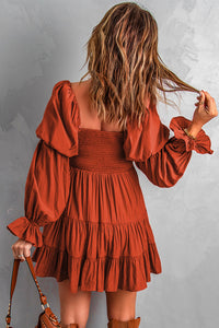 Brown Boho Solid Shirred Ruffle Mini Dress