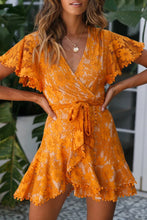 Load image into Gallery viewer, Orange Flutter Sleeve Wrap V Neck Floral Lace Short Dress
