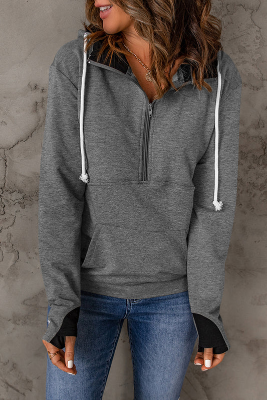 Gray Half Zip Pocketed Thumbhole Sleeve Hoodie