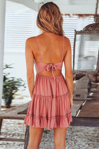 Pink Spaghetti Straps V Neck Lace Bodice Ruffled Mini Dress