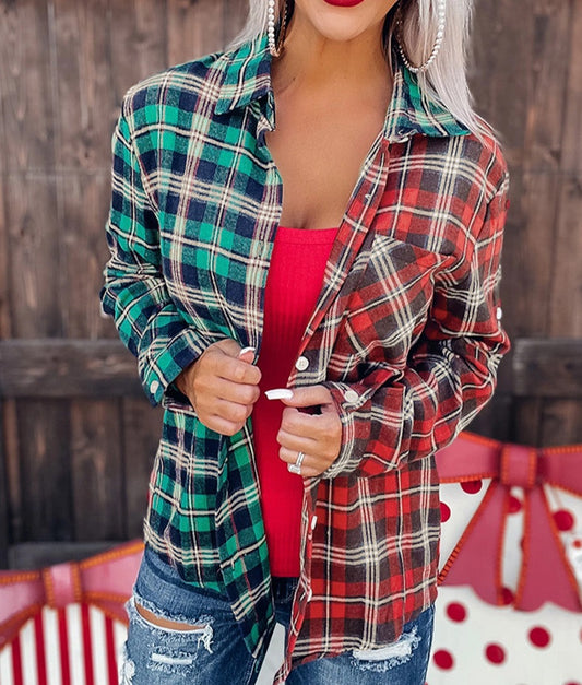 Green Plaid Color Block Buttoned Long Sleeve Shirt