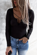 Load image into Gallery viewer, Black Ribbed Lace up Slim Fit Knit Long Sleeve Top