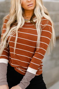 Brown Extend Color Block Cuffs Rib Knit Striped Pullover