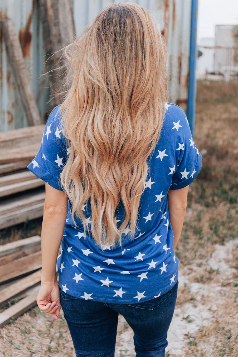 USA Star Print Patch Pocket Blue T-shirt